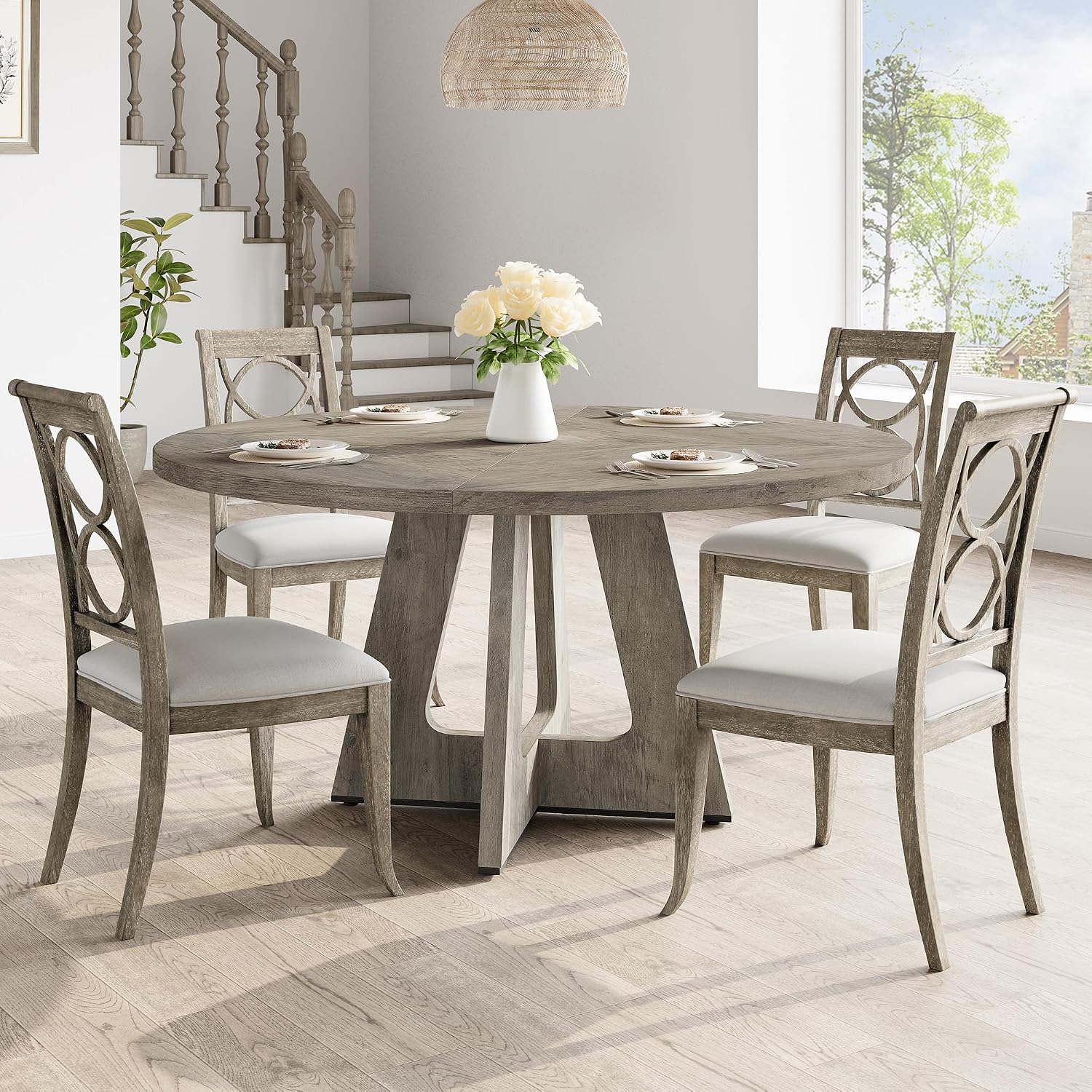 Mesa de comedor redonda Farmhouse gris de 47" para 4 a 6 personas — solo mesa