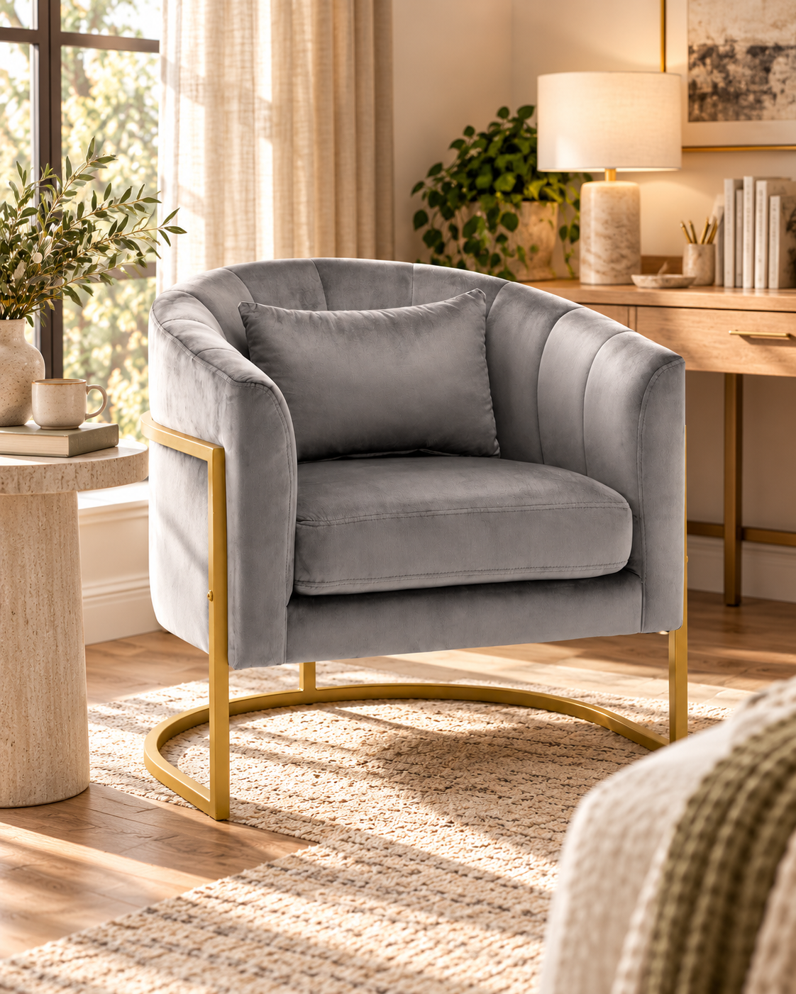 Sillón Accent de Terciopelo Gris con Base Dorada