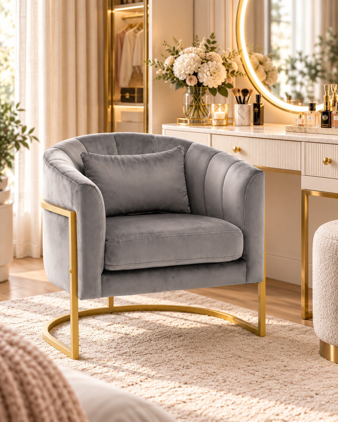 Otra vista de Sillón Accent de Terciopelo Gris con Base Dorada