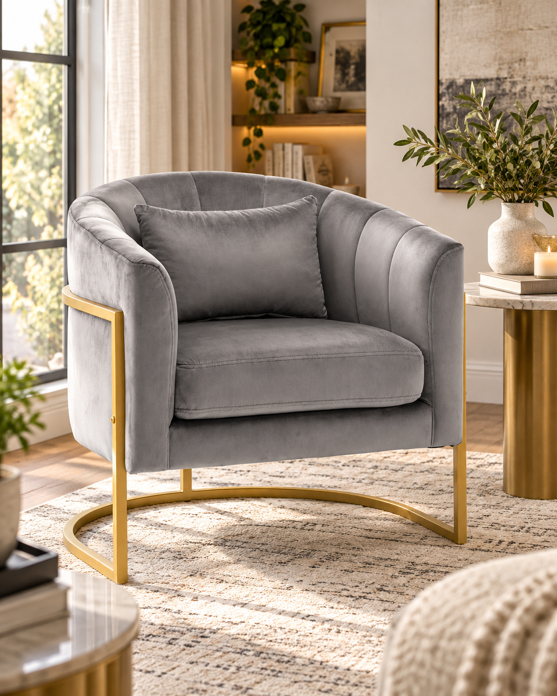 Otra vista de Sillón Accent de Terciopelo Gris con Base Dorada